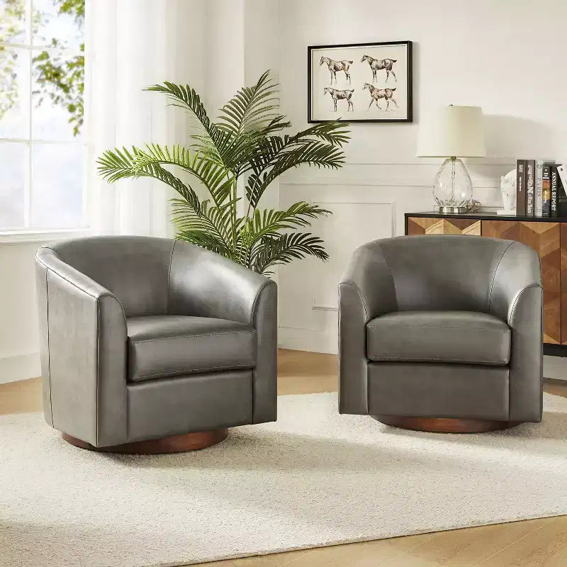 Set of 2 Jessie 30.5 Wide Modern Swivel Barrel Faux Leather Chair with Solid Wood Base|ART OF LIVING DESIGNS