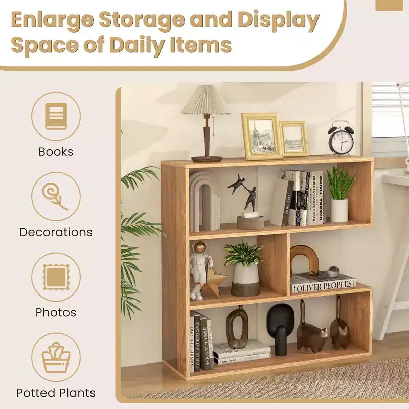 Costway 3-Shelf Concave/Convex Bookshelf Room Organizer with Anti-Toppling Device Freestanding