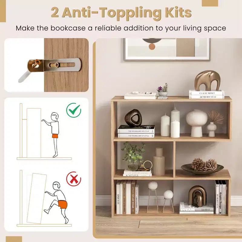 Costway 3-Shelf Concave/Convex Bookshelf Room Organizer with Anti-Toppling Device Freestanding