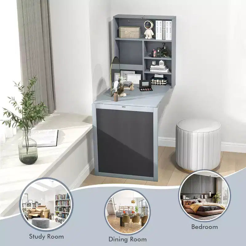 Costway Wall Mounted Table Fold Out Convertible Desk with A Blackboard/Chalkboard Black\Brown\White\Grey