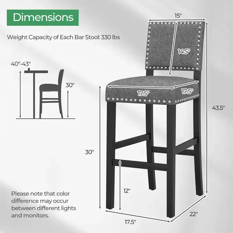 Lot de 2 chaises de comptoir/tabourets de bar Costway avec cadre en bois d'hévéa massif et patins réglables Gris et marron foncé