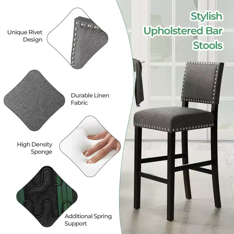 Lot de 2 chaises de comptoir/tabourets de bar Costway avec cadre en bois d'hévéa massif et patins réglables Gris et marron foncé
