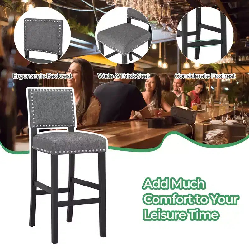 Lot de 2 chaises de comptoir/tabourets de bar Costway avec cadre en bois d'hévéa massif et patins réglables Gris et marron foncé