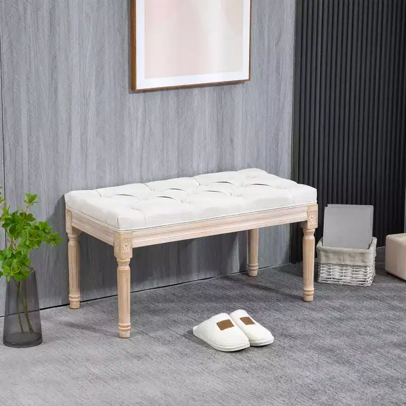 HOMCOM French Vintage End of Bed Bench, Linen Upholstered Bench with Thick Padded Seat and Wood Legs, Tufted Bedroom Bench