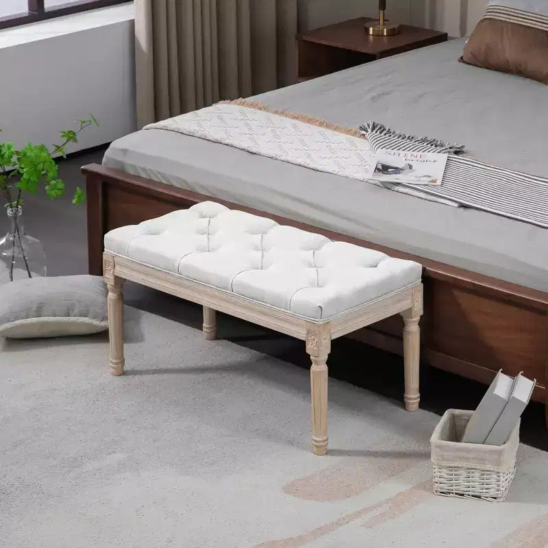 HOMCOM French Vintage End of Bed Bench, Linen Upholstered Bench with Thick Padded Seat and Wood Legs, Tufted Bedroom Bench