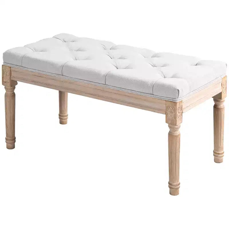 HOMCOM French Vintage End of Bed Bench, Linen Upholstered Bench with Thick Padded Seat and Wood Legs, Tufted Bedroom Bench