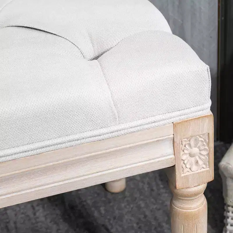 HOMCOM French Vintage End of Bed Bench, Linen Upholstered Bench with Thick Padded Seat and Wood Legs, Tufted Bedroom Bench