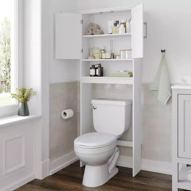 Flash Furniture Vega Over the Toilet Bathroom Storage Cabinet Organizer with Magnetic Closure Doors, Adjustable Cabinet Shelf, and Open Lower Shelf