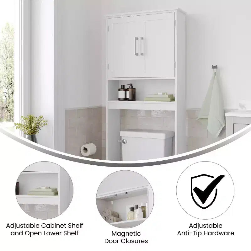 Flash Furniture Vega Over the Toilet Bathroom Storage Cabinet Organizer with Magnetic Closure Doors, Adjustable Cabinet Shelf, and Open Lower Shelf