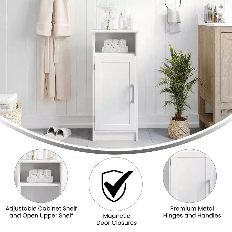 Flash Furniture Vega Bathroom Storage Cabinet Organizer with Magnetic Closure Door, In-Cabinet Adjustable Shelf, and Upper Open Shelf