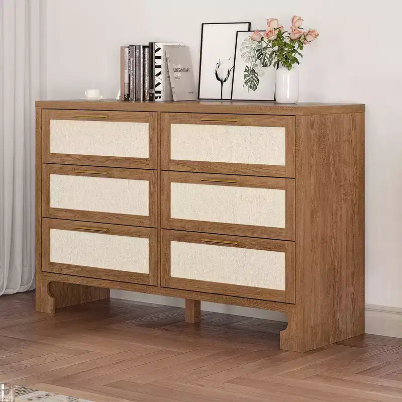 Commode Garvee pour chambre à coucher avec 6 tiroirs, commode en bois au design toile de jute pour dressing, salon, couloir, chambre d'enfant, chambre de bébé