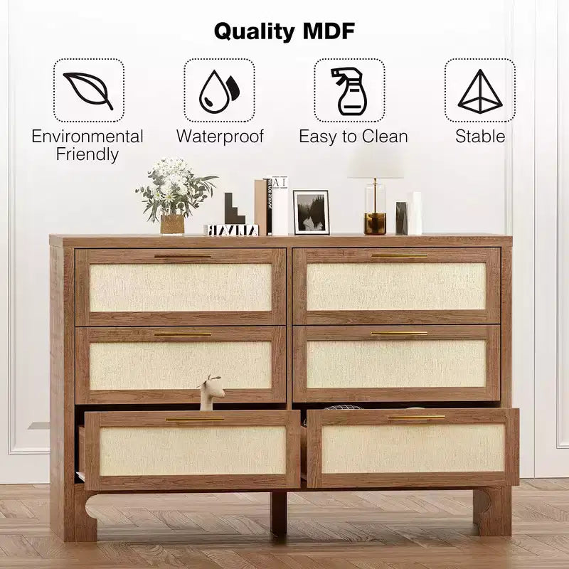 Commode Garvee pour chambre à coucher avec 6 tiroirs, commode en bois au design toile de jute pour dressing, salon, couloir, chambre d'enfant, chambre de bébé