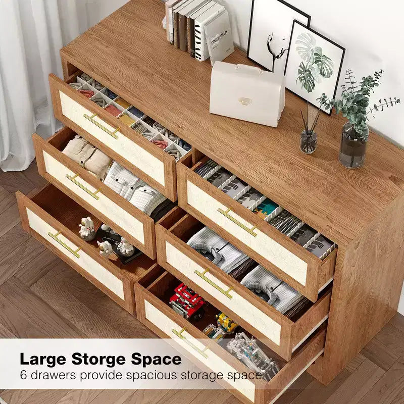 Commode Garvee pour chambre à coucher avec 6 tiroirs, commode en bois au design toile de jute pour dressing, salon, couloir, chambre d'enfant, chambre de bébé