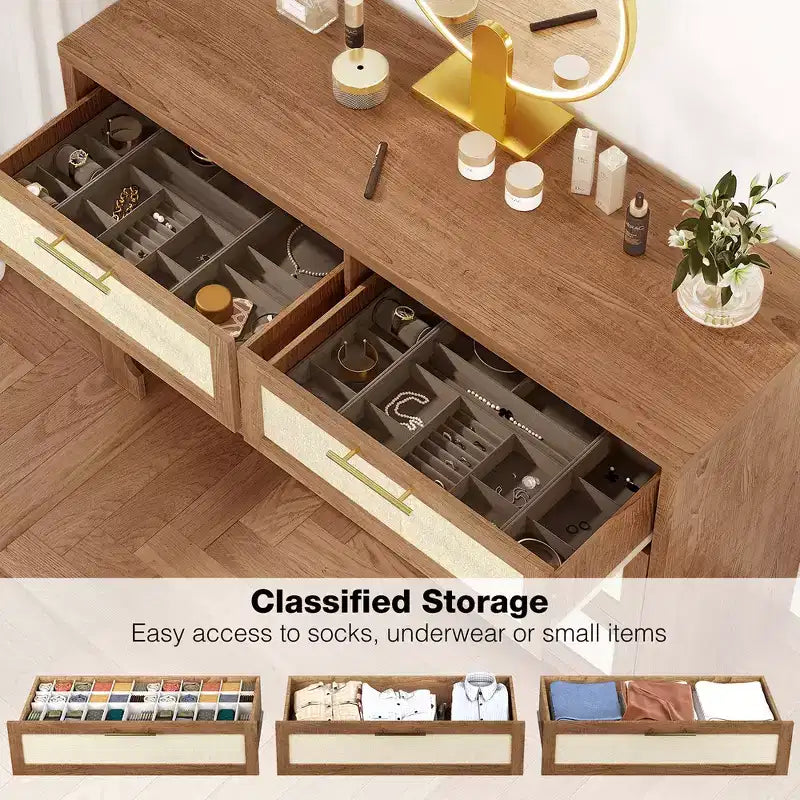 Commode Garvee pour chambre à coucher avec 6 tiroirs, commode en bois au design toile de jute pour dressing, salon, couloir, chambre d'enfant, chambre de bébé
