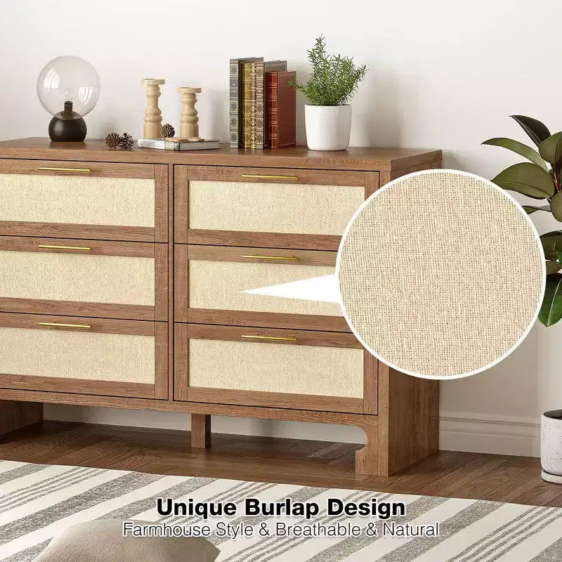 Commode Garvee pour chambre à coucher avec 6 tiroirs, commode en bois au design toile de jute pour dressing, salon, couloir, chambre d'enfant, chambre de bébé