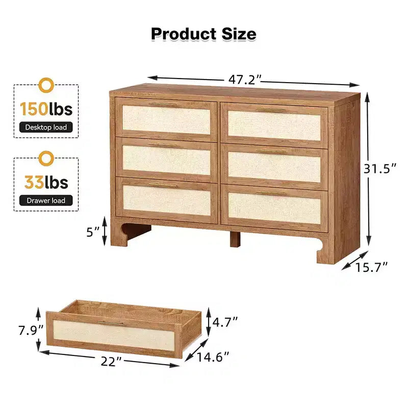 Commode Garvee pour chambre à coucher avec 6 tiroirs, commode en bois au design toile de jute pour dressing, salon, couloir, chambre d'enfant, chambre de bébé