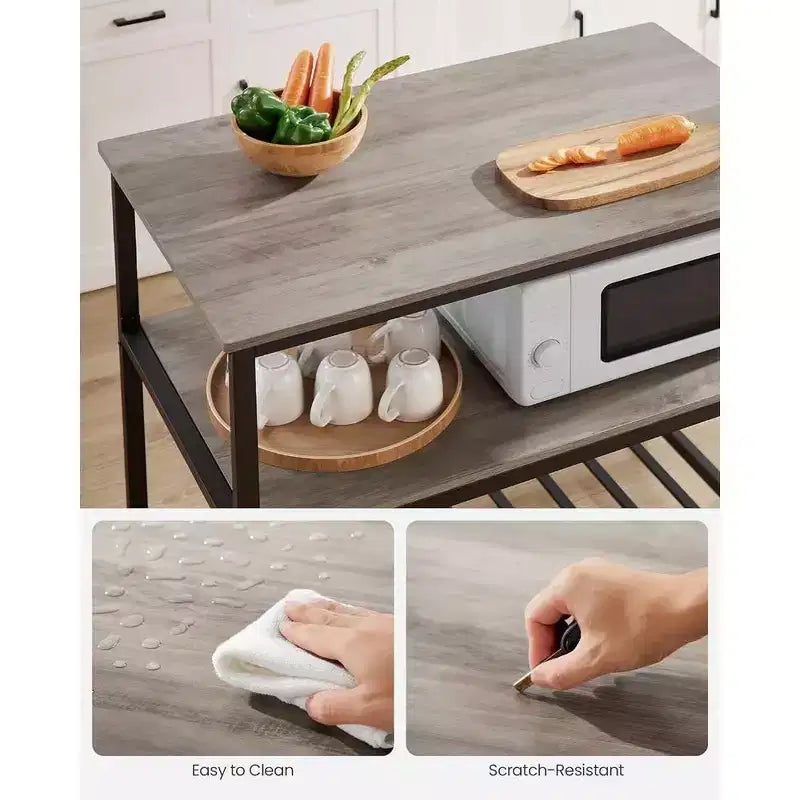VASAGLE Îlot de cuisine à 3 niveaux, étagère de cuisine de 100 cm avec grand plan de travail, industriel, marron rustique et noir