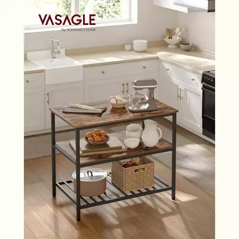VASAGLE Îlot de cuisine à 3 niveaux, étagère de cuisine de 100 cm avec grand plan de travail, industriel, marron rustique et noir