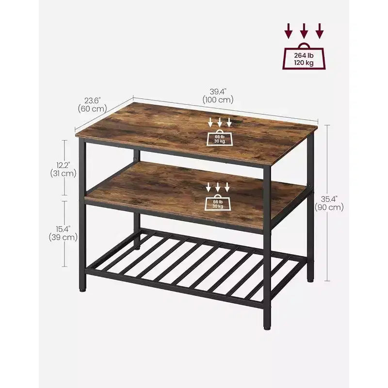 VASAGLE Îlot de cuisine à 3 niveaux, étagère de cuisine de 100 cm avec grand plan de travail, industriel, marron rustique et noir
