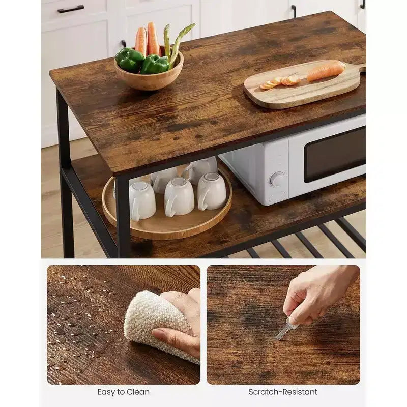 VASAGLE Îlot de cuisine à 3 niveaux, étagère de cuisine de 100 cm avec grand plan de travail, industriel, marron rustique et noir