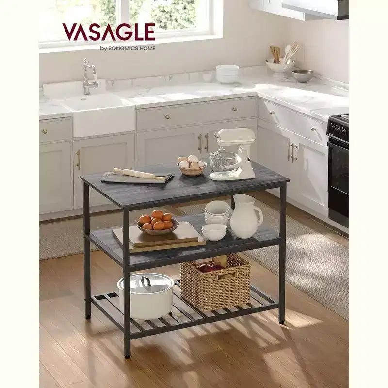 VASAGLE Îlot de cuisine à 3 niveaux, étagère de cuisine de 100 cm avec grand plan de travail, industriel, marron rustique et noir