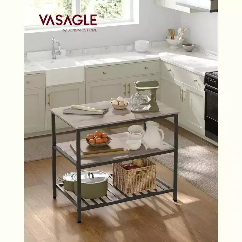VASAGLE Îlot de cuisine à 3 niveaux, étagère de cuisine de 100 cm avec grand plan de travail, industriel, marron rustique et noir
