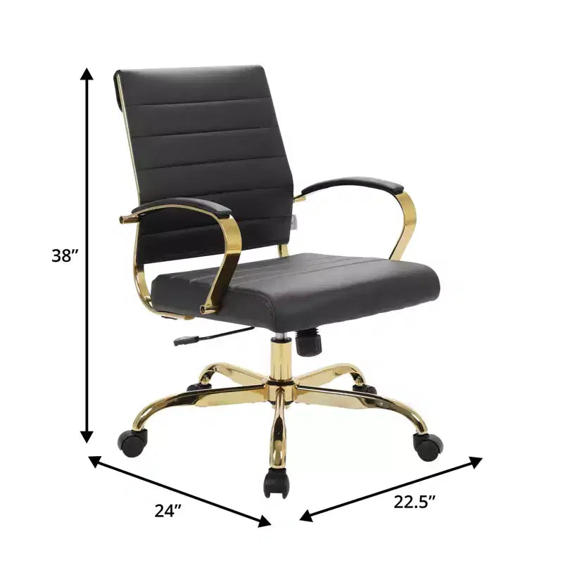 LeisureMod Benmar Leather Office Chair with Gold Accents, Adjustable Height, Swivel Base, Ergonomic Design for Home Office, Study, or Workspace