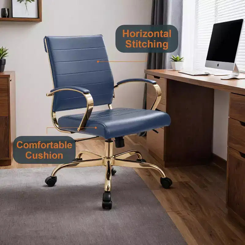LeisureMod Benmar Leather Office Chair with Gold Accents, Adjustable Height, Swivel Base, Ergonomic Design for Home Office, Study, or Workspace