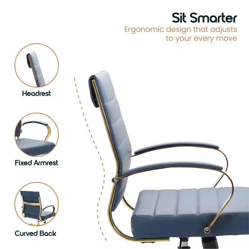 LeisureMod Benmar Leather Office Chair with Gold Accents, Adjustable Height, Swivel Base, Ergonomic Design for Home Office, Study, or Workspace