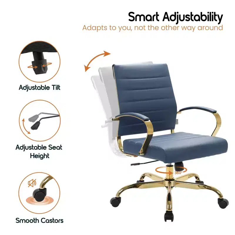 LeisureMod Benmar Leather Office Chair with Gold Accents, Adjustable Height, Swivel Base, Ergonomic Design for Home Office, Study, or Workspace