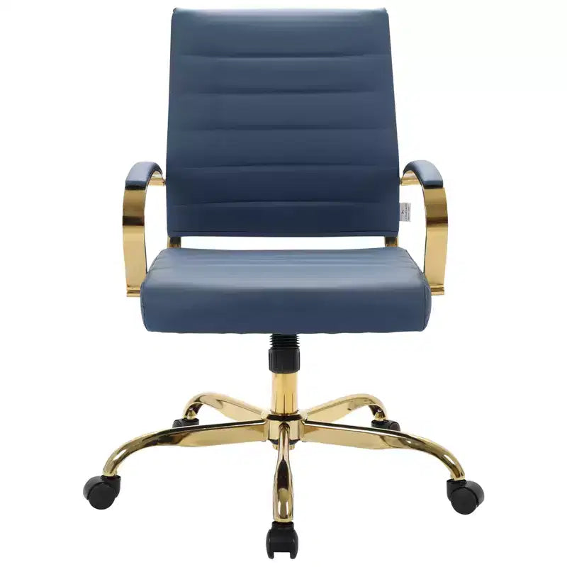 LeisureMod Benmar Leather Office Chair with Gold Accents, Adjustable Height, Swivel Base, Ergonomic Design for Home Office, Study, or Workspace
