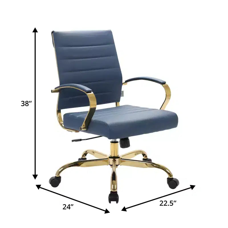 LeisureMod Benmar Leather Office Chair with Gold Accents, Adjustable Height, Swivel Base, Ergonomic Design for Home Office, Study, or Workspace