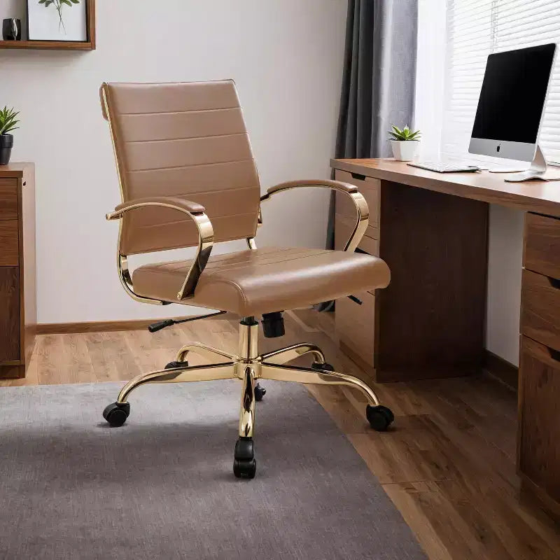 LeisureMod Benmar Leather Office Chair with Gold Accents, Adjustable Height, Swivel Base, Ergonomic Design for Home Office, Study, or Workspace