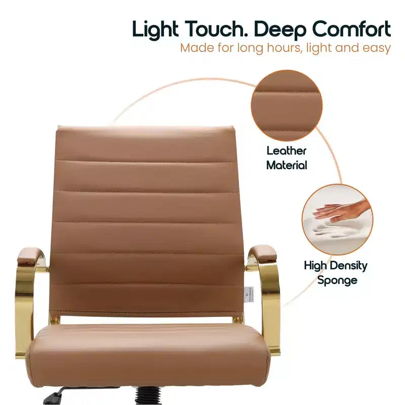 LeisureMod Benmar Leather Office Chair with Gold Accents, Adjustable Height, Swivel Base, Ergonomic Design for Home Office, Study, or Workspace