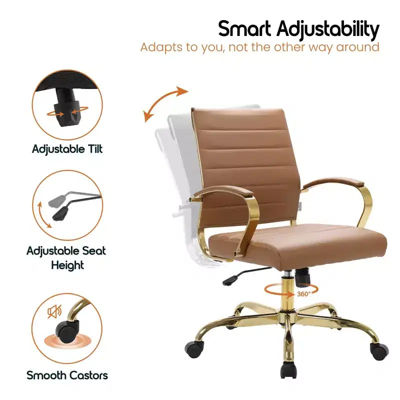 LeisureMod Benmar Leather Office Chair with Gold Accents, Adjustable Height, Swivel Base, Ergonomic Design for Home Office, Study, or Workspace