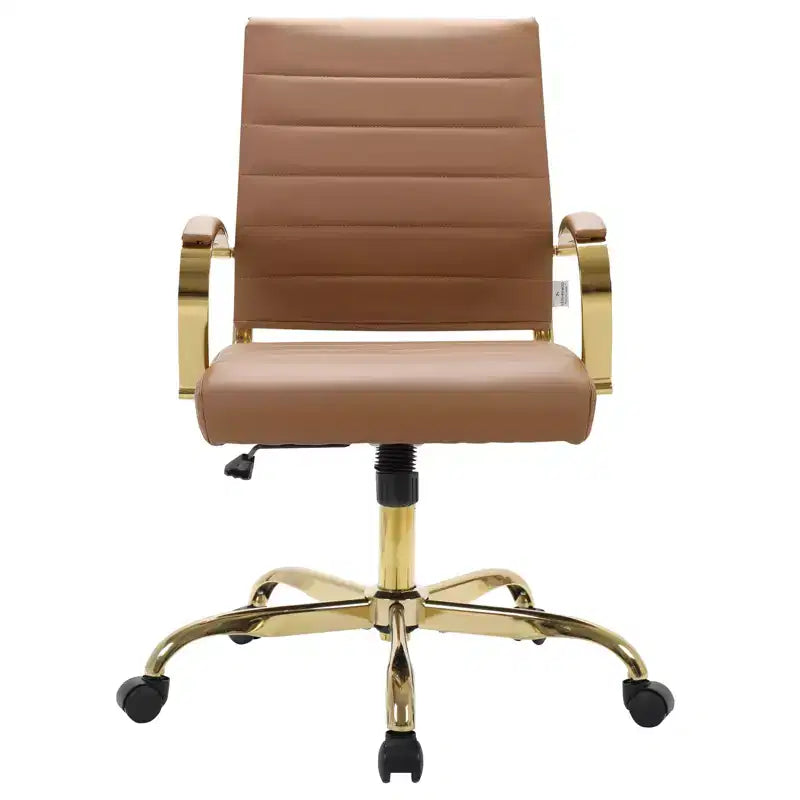 LeisureMod Benmar Leather Office Chair with Gold Accents, Adjustable Height, Swivel Base, Ergonomic Design for Home Office, Study, or Workspace