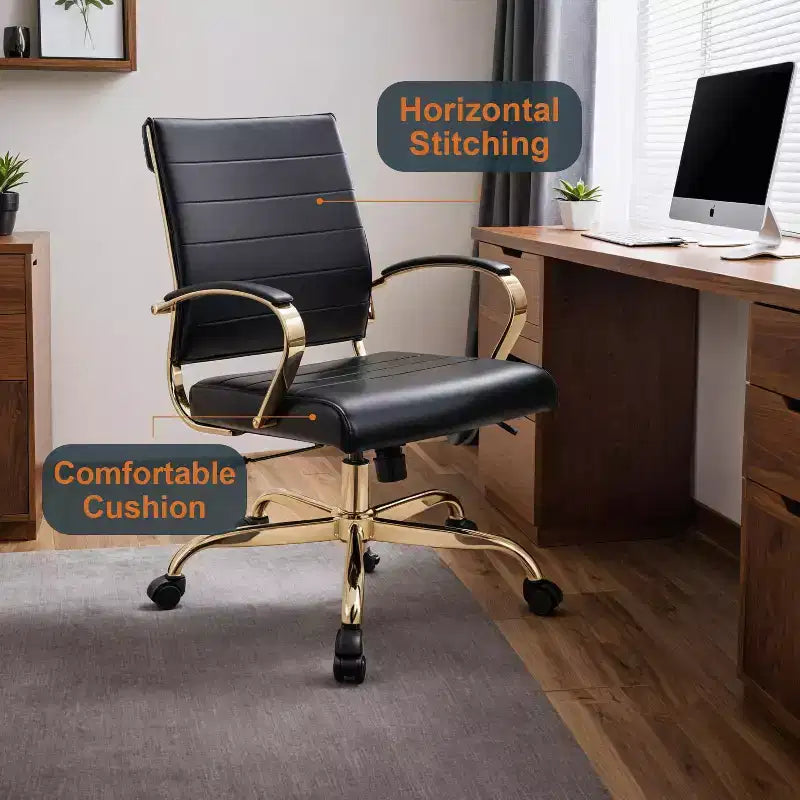 LeisureMod Benmar Leather Office Chair with Gold Accents, Adjustable Height, Swivel Base, Ergonomic Design for Home Office, Study, or Workspace
