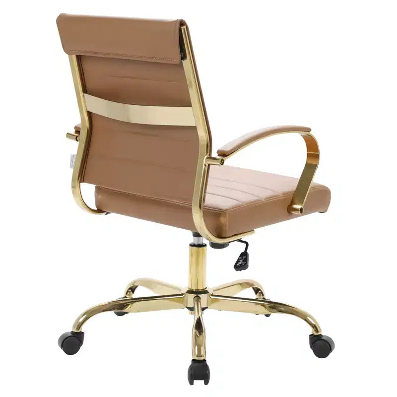 LeisureMod Benmar Leather Office Chair with Gold Accents, Adjustable Height, Swivel Base, Ergonomic Design for Home Office, Study, or Workspace