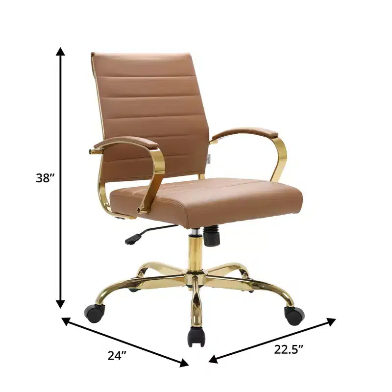 LeisureMod Benmar Leather Office Chair with Gold Accents, Adjustable Height, Swivel Base, Ergonomic Design for Home Office, Study, or Workspace