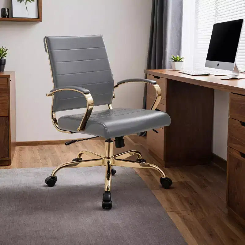 LeisureMod Benmar Leather Office Chair with Gold Accents, Adjustable Height, Swivel Base, Ergonomic Design for Home Office, Study, or Workspace