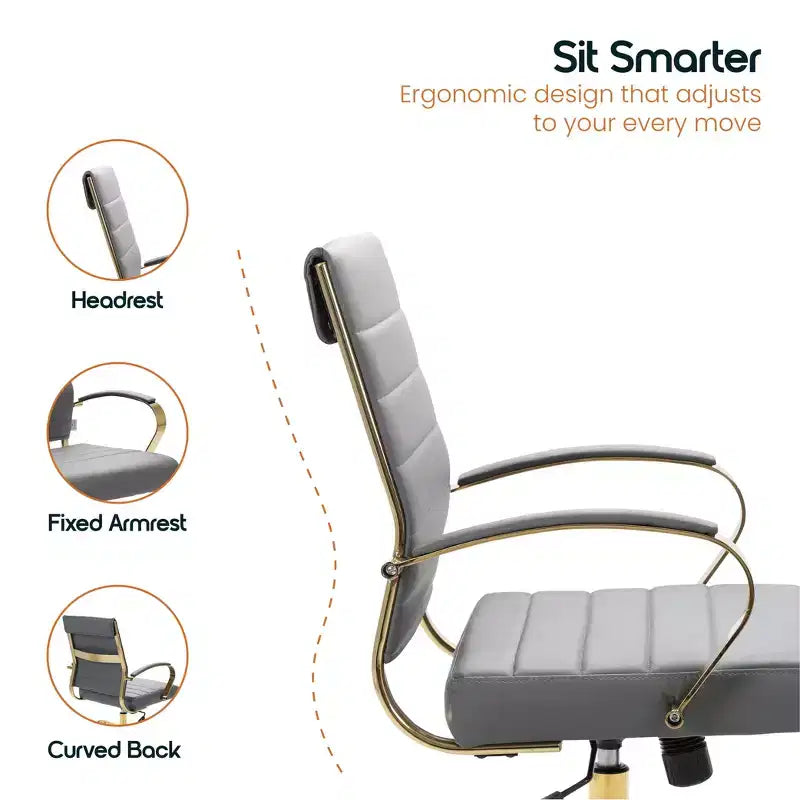 LeisureMod Benmar Leather Office Chair with Gold Accents, Adjustable Height, Swivel Base, Ergonomic Design for Home Office, Study, or Workspace