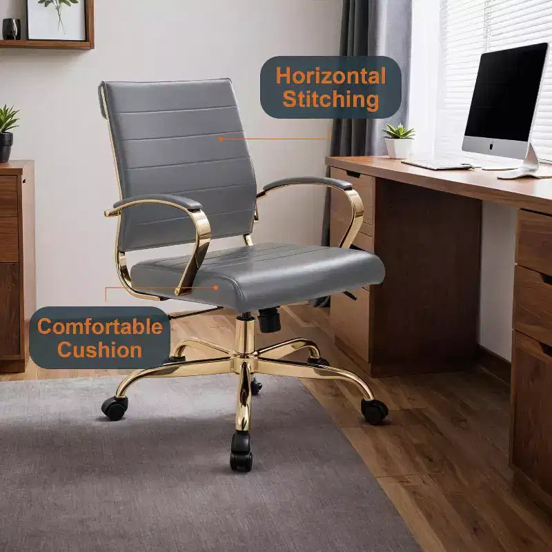 LeisureMod Benmar Leather Office Chair with Gold Accents, Adjustable Height, Swivel Base, Ergonomic Design for Home Office, Study, or Workspace