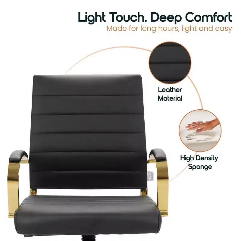LeisureMod Benmar Leather Office Chair with Gold Accents, Adjustable Height, Swivel Base, Ergonomic Design for Home Office, Study, or Workspace