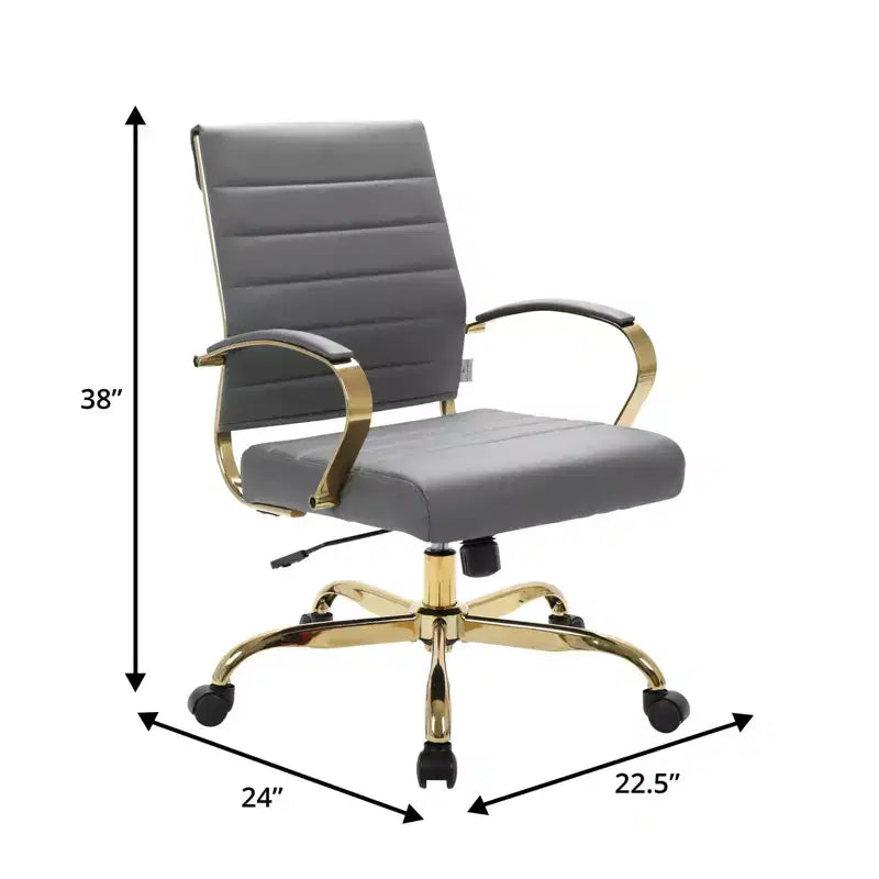 LeisureMod Benmar Leather Office Chair with Gold Accents, Adjustable Height, Swivel Base, Ergonomic Design for Home Office, Study, or Workspace