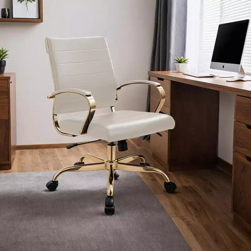 LeisureMod Benmar Leather Office Chair with Gold Accents, Adjustable Height, Swivel Base, Ergonomic Design for Home Office, Study, or Workspace