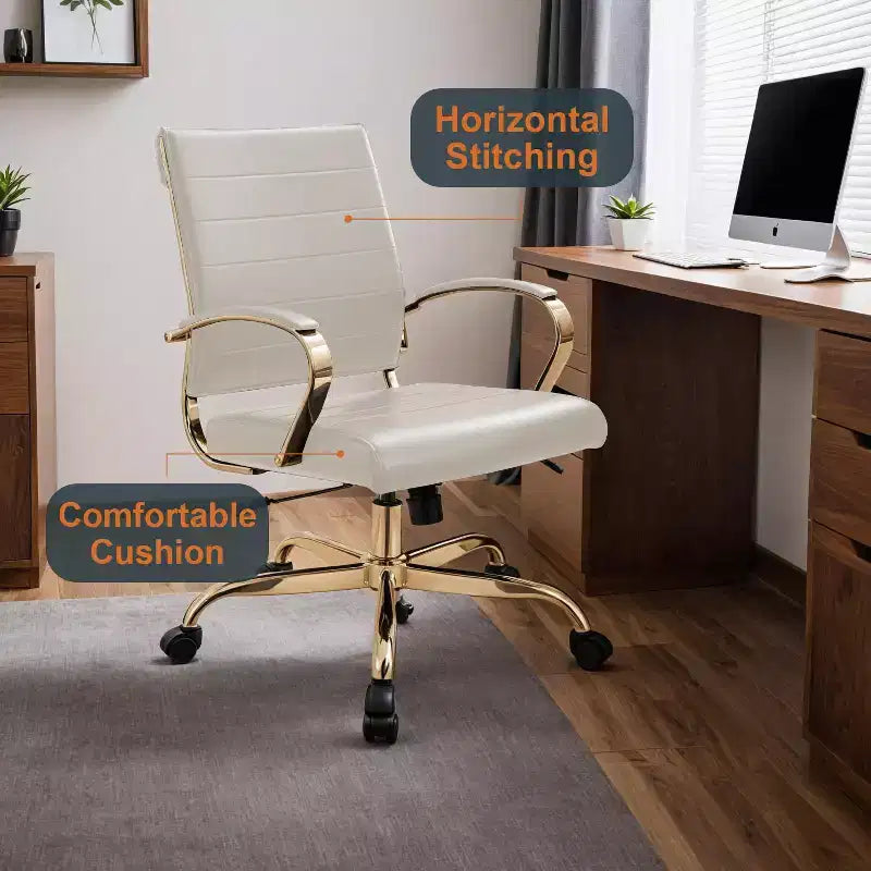 LeisureMod Benmar Leather Office Chair with Gold Accents, Adjustable Height, Swivel Base, Ergonomic Design for Home Office, Study, or Workspace
