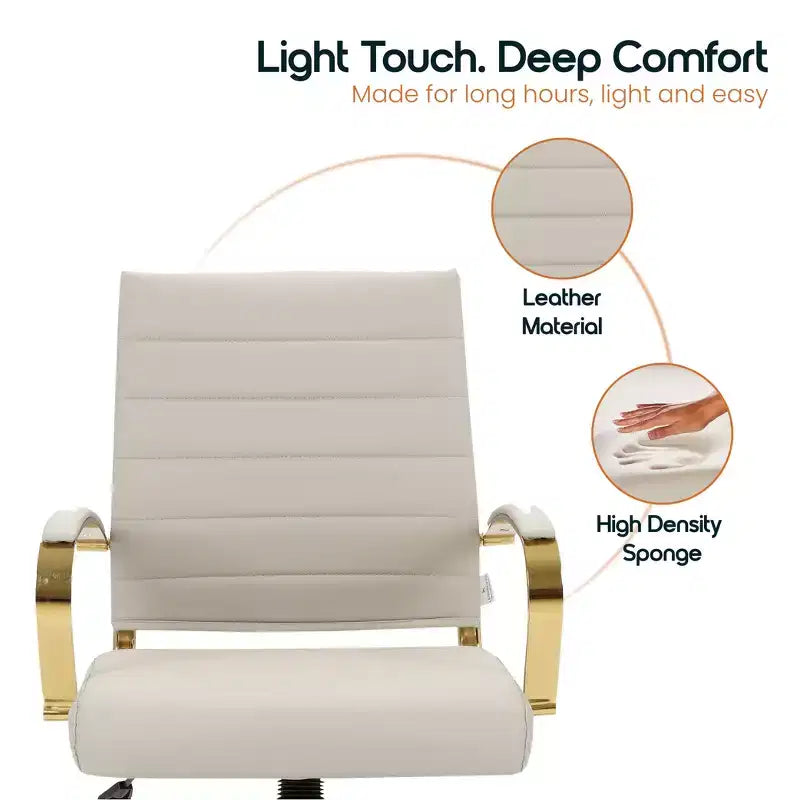 LeisureMod Benmar Leather Office Chair with Gold Accents, Adjustable Height, Swivel Base, Ergonomic Design for Home Office, Study, or Workspace