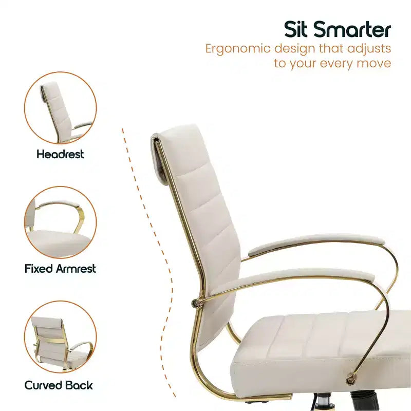 LeisureMod Benmar Leather Office Chair with Gold Accents, Adjustable Height, Swivel Base, Ergonomic Design for Home Office, Study, or Workspace