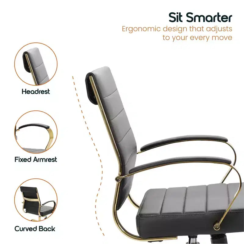 LeisureMod Benmar Leather Office Chair with Gold Accents, Adjustable Height, Swivel Base, Ergonomic Design for Home Office, Study, or Workspace