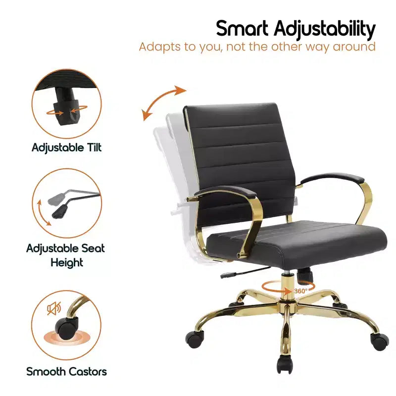 LeisureMod Benmar Leather Office Chair with Gold Accents, Adjustable Height, Swivel Base, Ergonomic Design for Home Office, Study, or Workspace